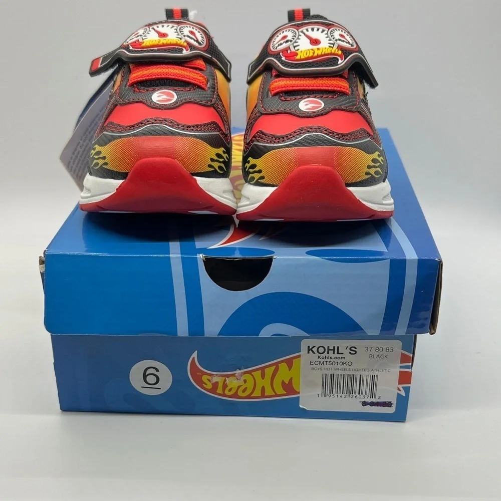 🔥 Hot Wheels Toddler Sneakers – Size 6 – Black/Red/Yellow with Flames 🔥